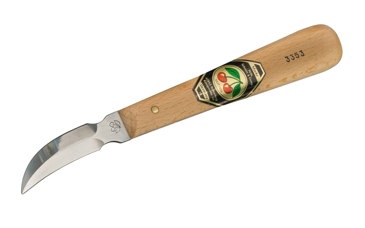 Kirschen Two Cherries #3353 Chip Carving Knife with Double Sided Curved Edge in action