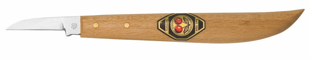 Kirschen Two Cherries 3358 Chip Carving Knife 35mm on white background showing straight edge blade and long Hornbeam Handle