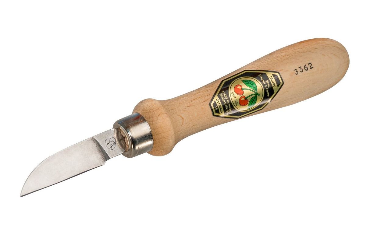 Kirschen Two Cherries 3362 Chip Carving Knife 38mm with Round Neck Straight Edge detail shot Hornbeam Handle Australian woodworking tools store