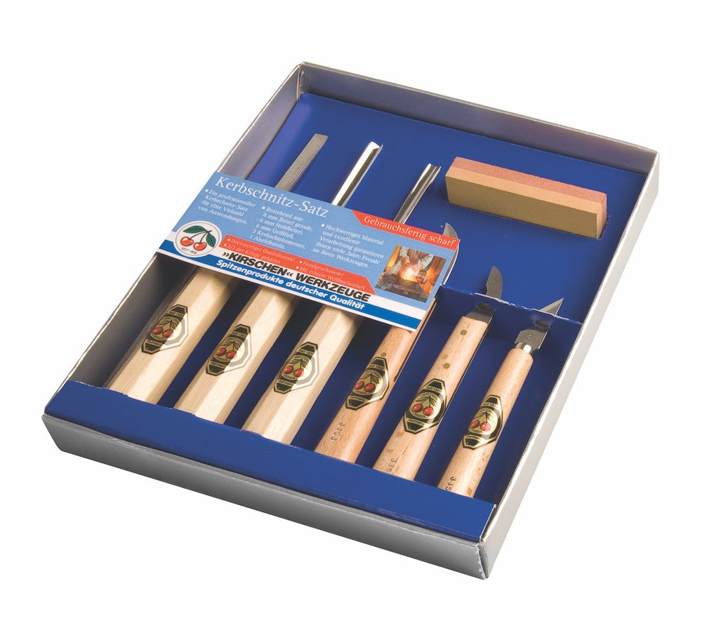 Kirschen Two Cherries carving chisels & woodcarving knives set with sharpening stone in attractive display box