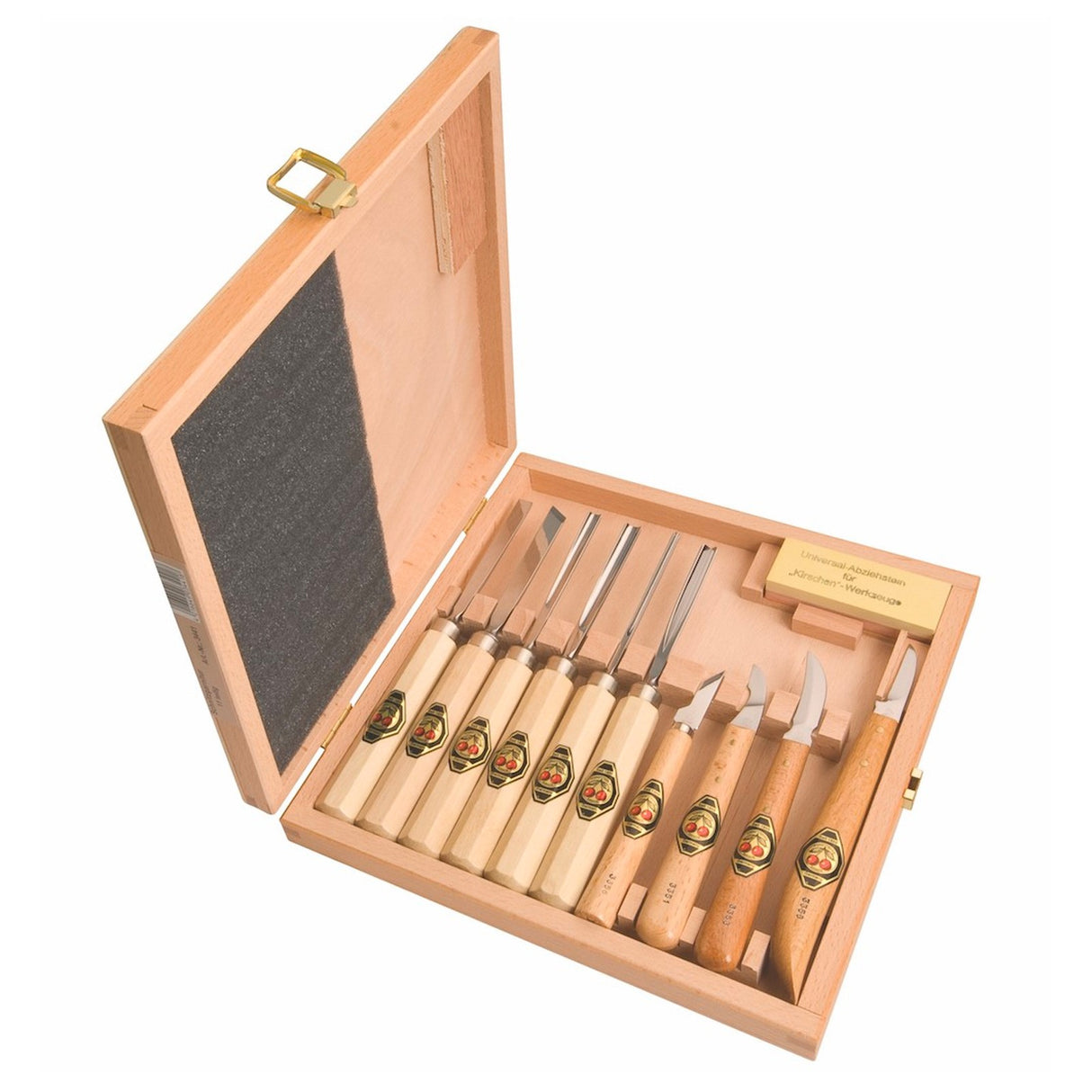 Kirschen Two Cherries carving chisels and knives set in wooden case with sharpening stone