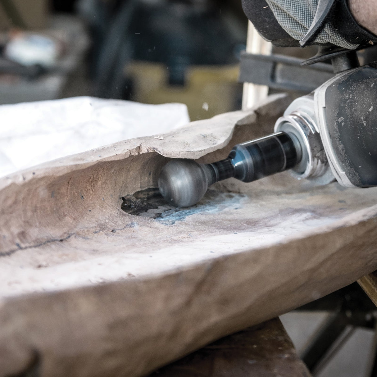 Arbortech Ball Gouge carving attachment in action, hollowing small concave surfaces