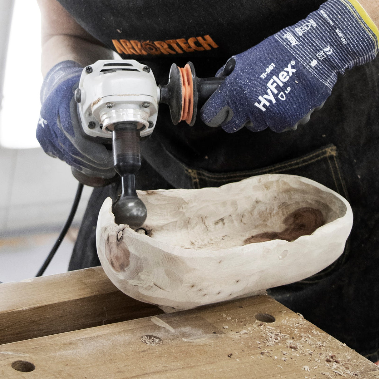 Arbortech Ball Gouge Carving Attachment in action on a wood project