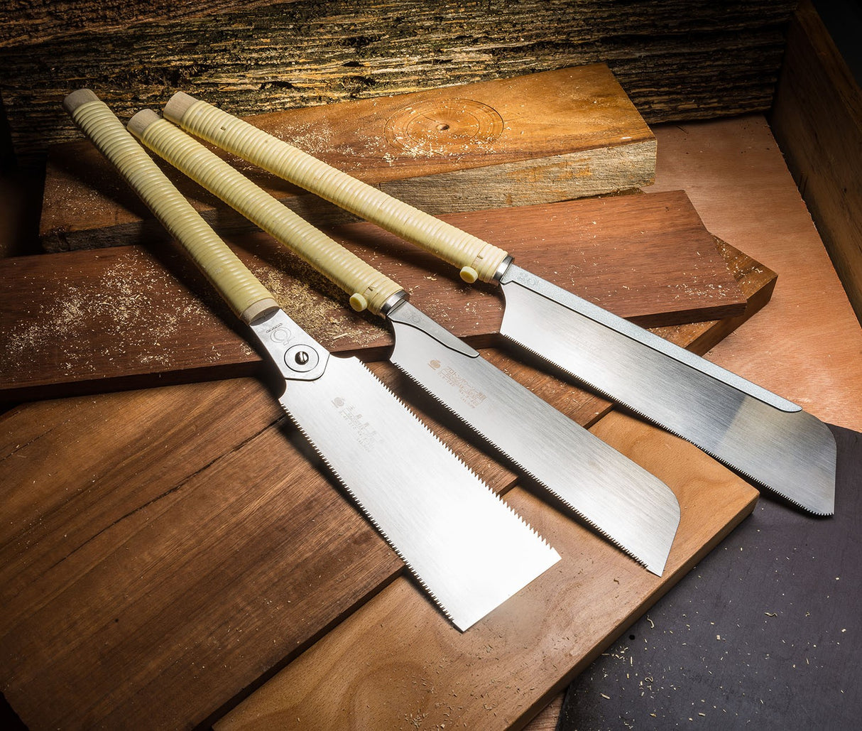 Australian Woodworking Tools: Razorsaw Japanese Saw General Purpose Set - View of included Dozuki, Ryoba, and Kataba saws