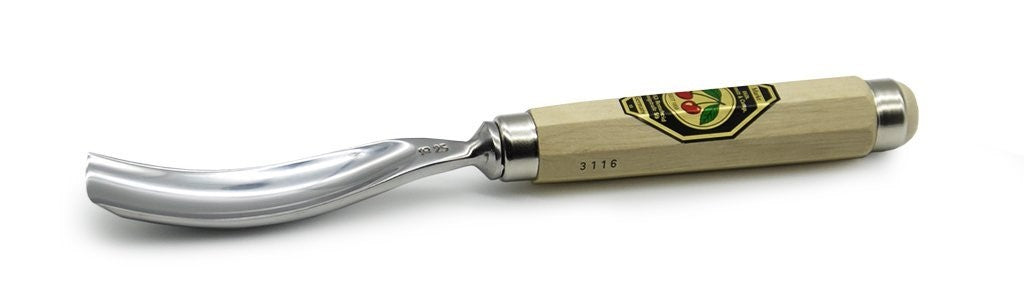 Kirschen Two Cherries #7 Bent Gouge Wood Carving Chisel with Octagonal Hornbeam Handle, 25mm Size with Steel Hoop