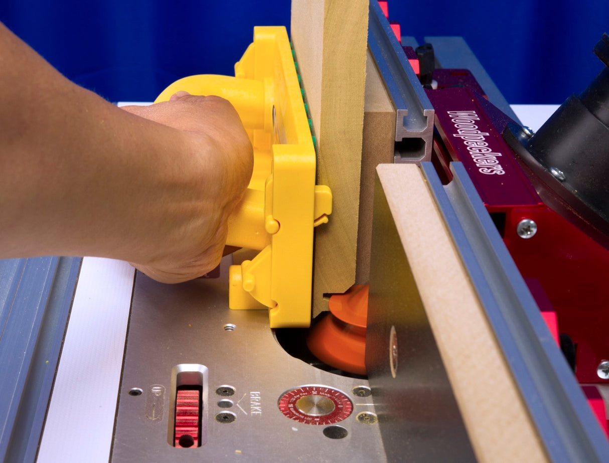 MicroJig GRR-Rip Block Smart Hook Push Block in action on a table saw