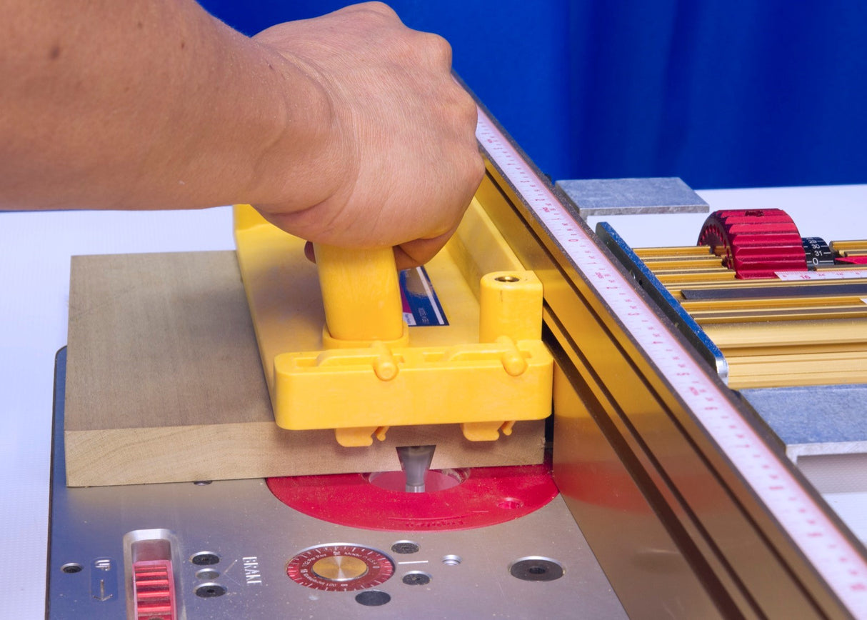 MicroJig GRR-Rip Block Smart Hook Push Block in use on a table saw