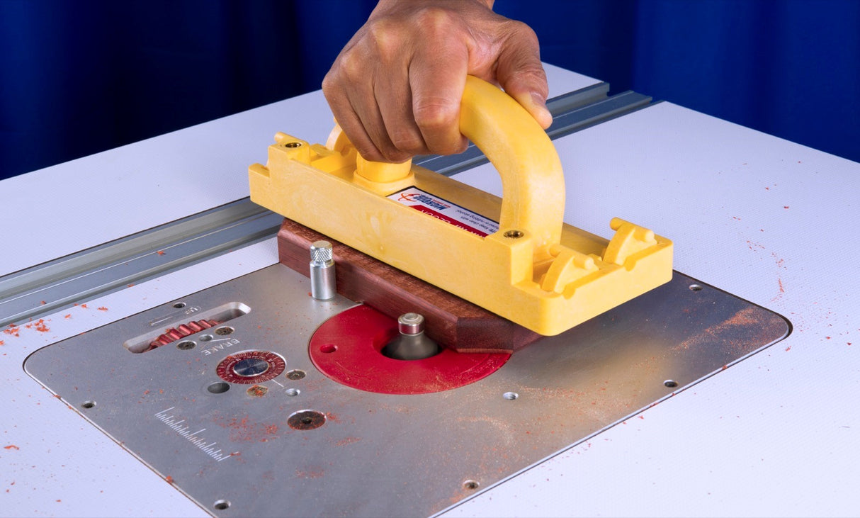 MicroJig GRR-Rip Block Smart Hook Push Block in use on a table saw