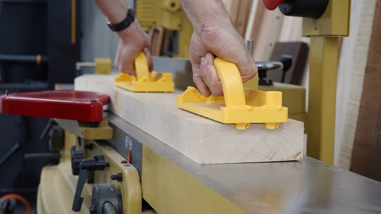 MicroJig GRR-Rip Block Smart Hook Table Saw Push Block in use with Smart Hooks engaged