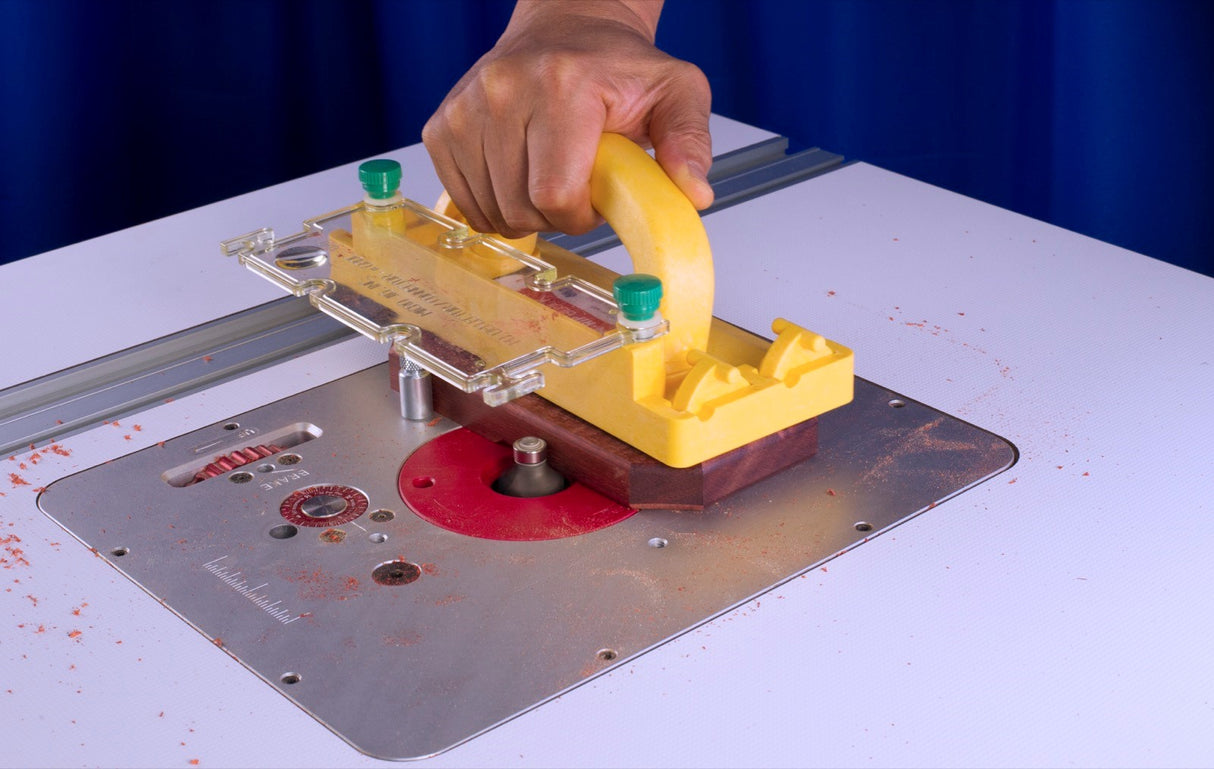 MicroJig GRR-Ripper Clear Deflector & Connector Attachment in use on GRR-Rip Block for chip deflection and connection