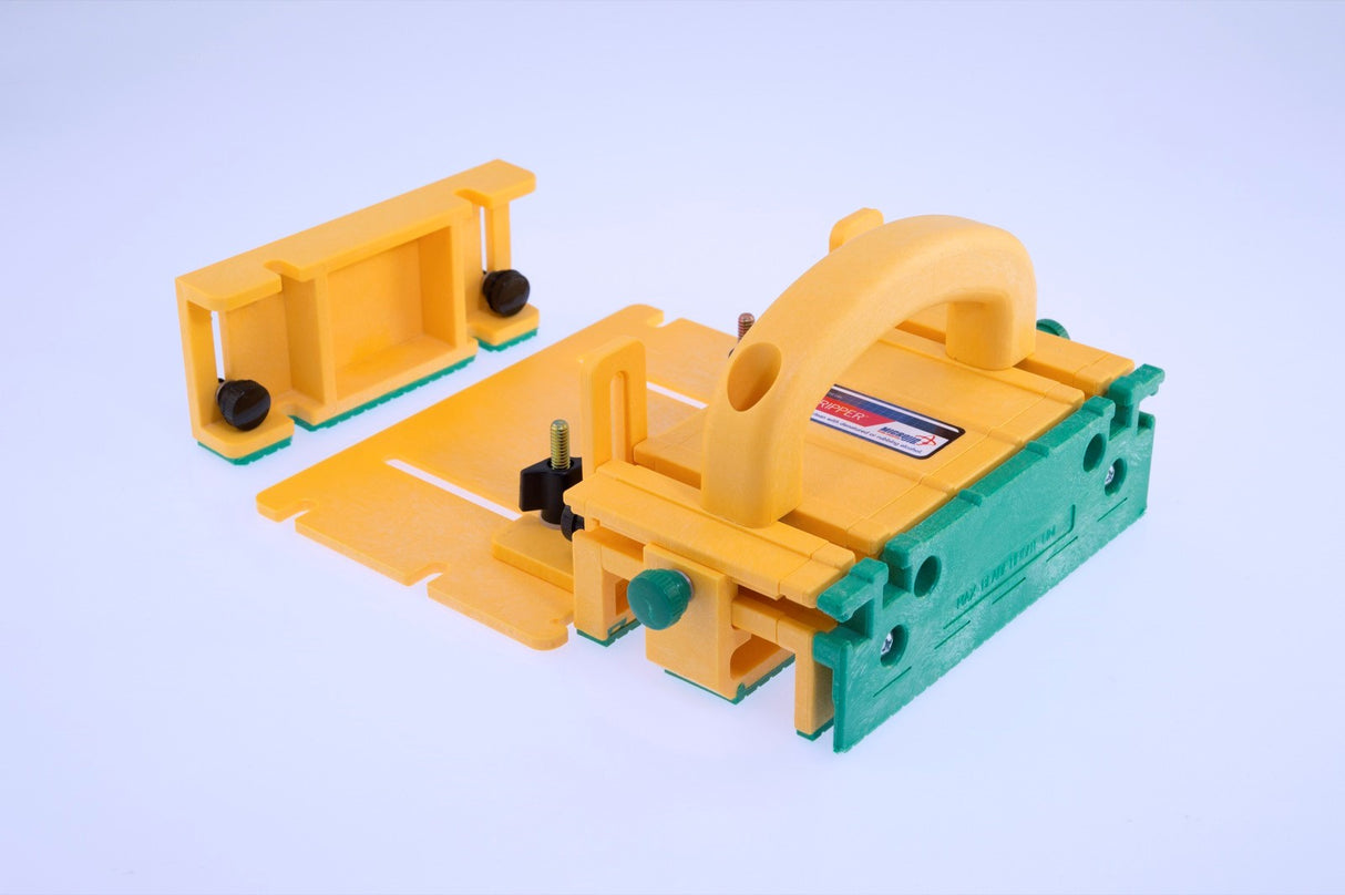 MicroJig GRR-Ripper 1/8in Leg Accessory shown in use, ensuring safe and precise 1/8" thin rip cuts