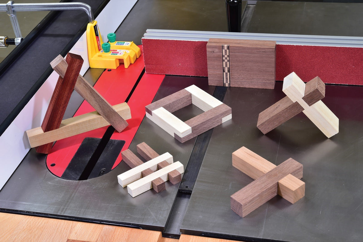 MicroJig MatchFit Table Saw Dado Stop Pro Set in use on a table saw