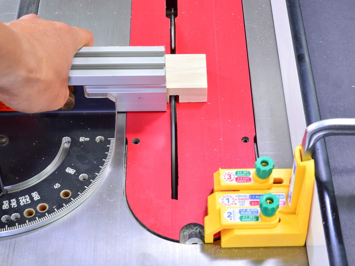 MicroJig MatchFit Table Saw Dado Stop Pro Set in action, creating precise dados and joinery