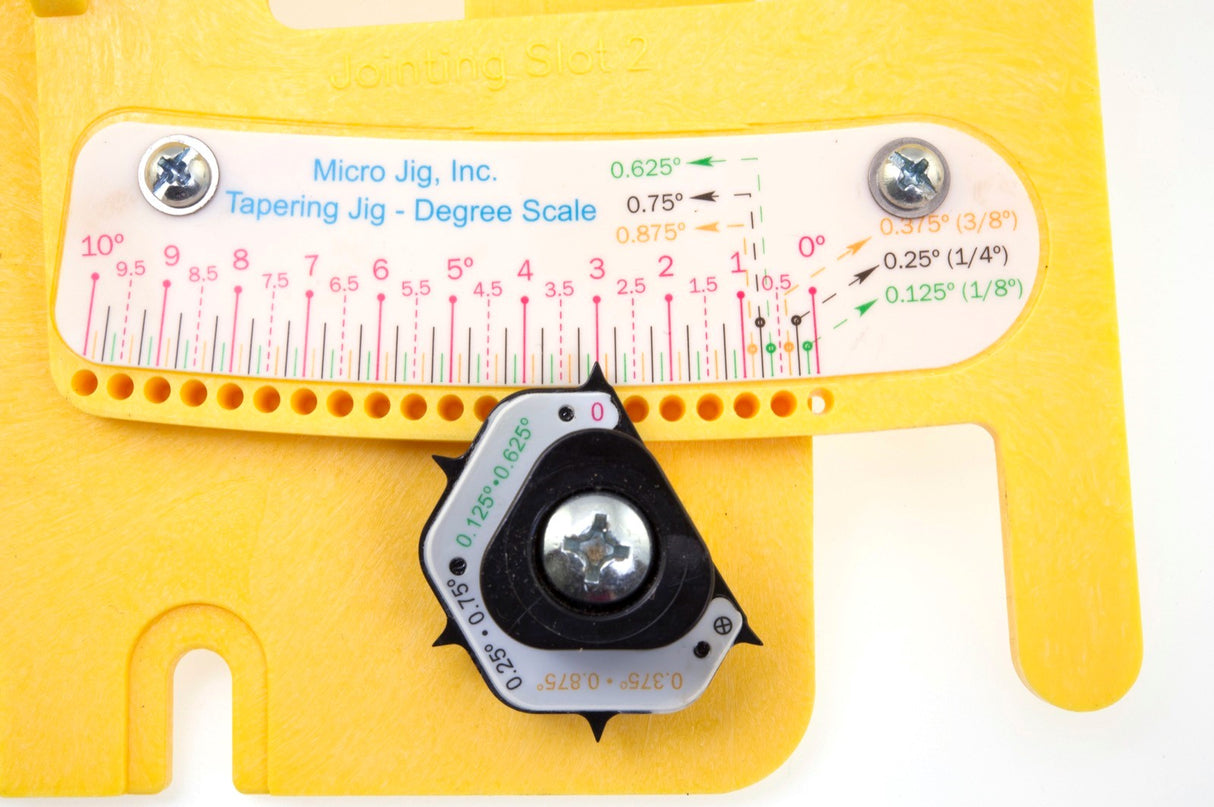 MicroJig MICRODIAL Tapering Jig for Table Saws in Australian woodworking tools store. Angle setting ColorMatch dials for precise taper adjustments
