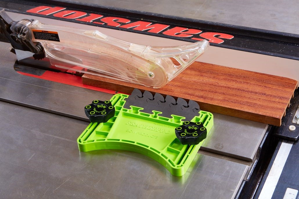 High-quality close-up image showcasing BOW Products FeatherPRO Featherboard Safety System in action