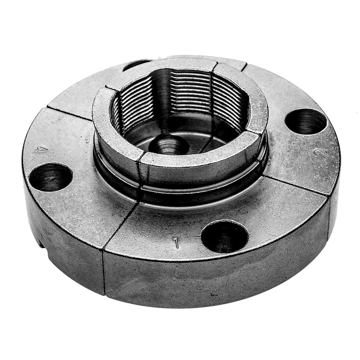 Torquata 100mm Scroll Chuck Spigot Jaws in use on lathe spindle
