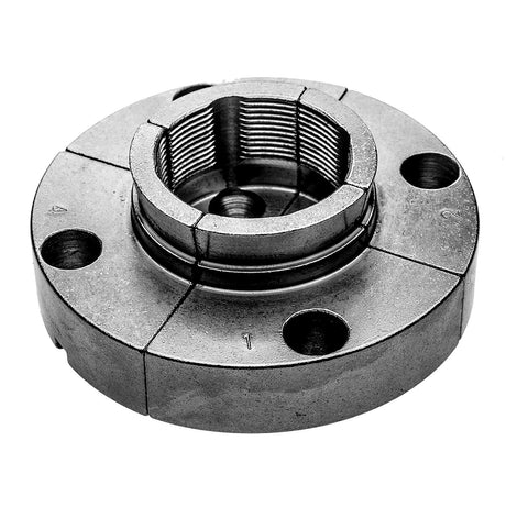 Torquata 100mm Scroll Chuck Spigot Jaws in use on lathe spindle