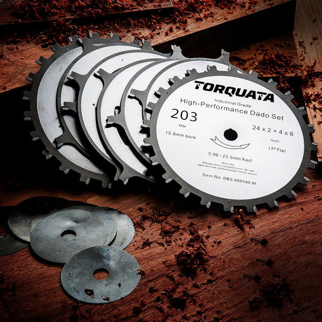 Torquata 8in Metric Dado Saw Blade Set with Shims & Chippers, angled view showcasing metric width blades