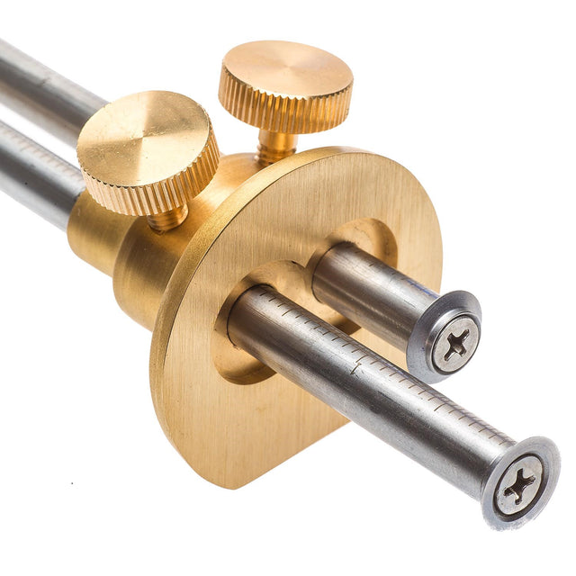 Luban brass wheel mortice gauge with micro adjust feature, showing bridle clamp and fence adjustment mechanism