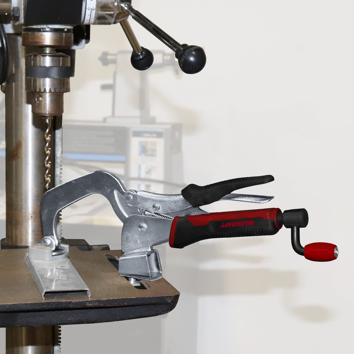 Milescraft Drill Press & Workbench Hold Down Clamps in use on a woodworking project