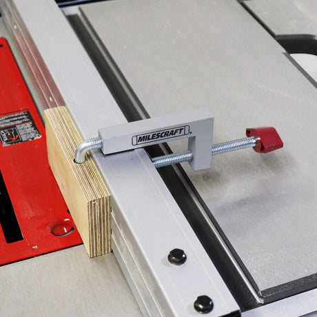 Milescraft FenceClamps Sub-Fence Clamps in use on a table saw auxiliary fence