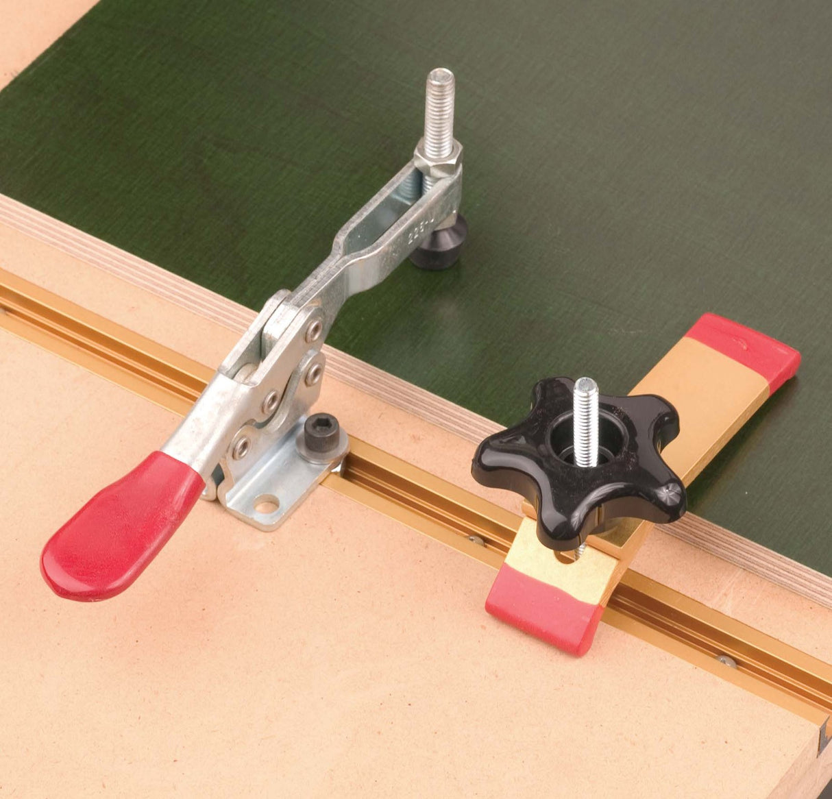 Incra Build-It System T-Track Anodised Aluminium in use on a woodworking table