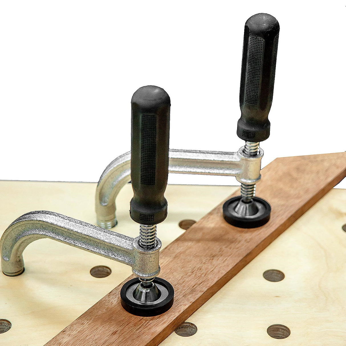 Torquata Heavy-Duty Bench Holdfast in action, providing secure clamping for woodworking projects