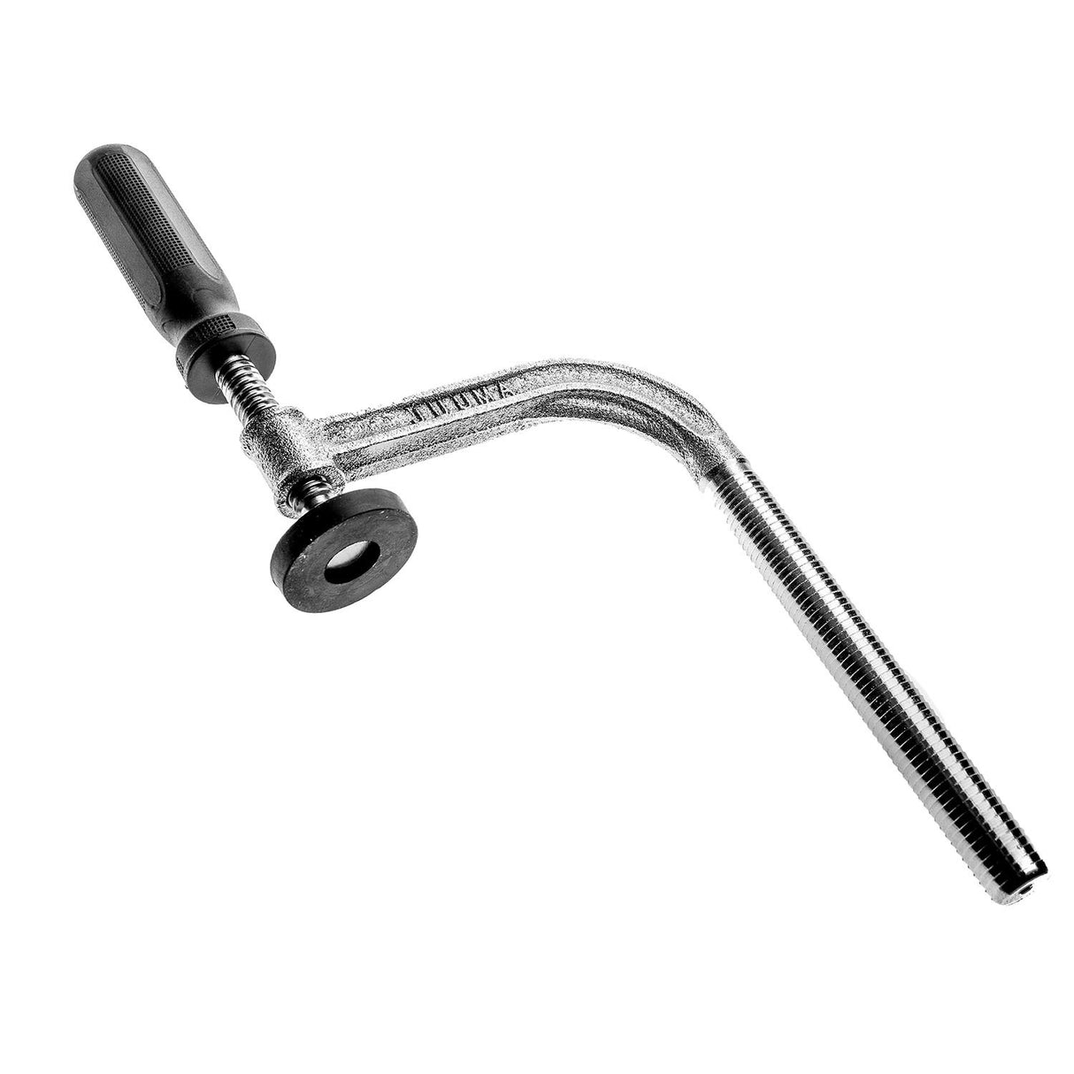 Torquata Heavy-Duty Bench Holdfast Cast Iron 115mm in use, showing ergonomic grip and rubber pressure plate