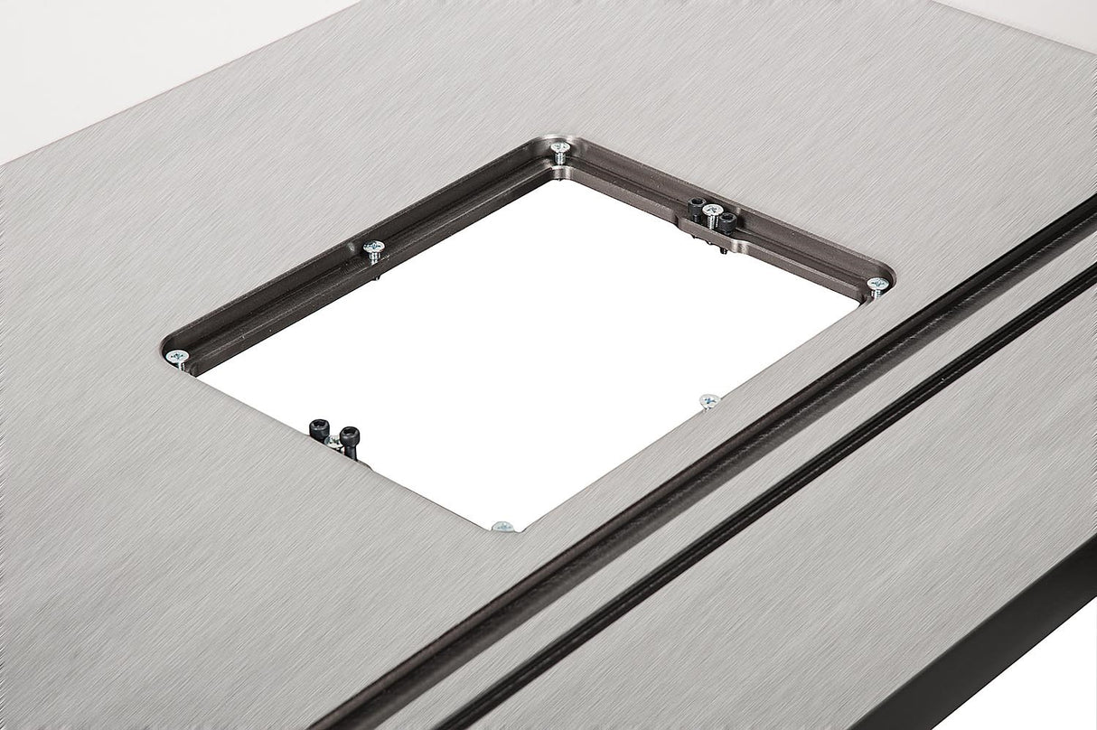 Sherwood Router Table Top with Mitre & T Slot, detailed view showcasing cast iron surface and precision craftsmanship