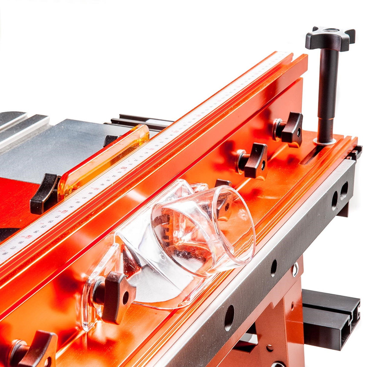 Sherwood benchtop router table with cast iron top and aluminium mounting plate, angled view