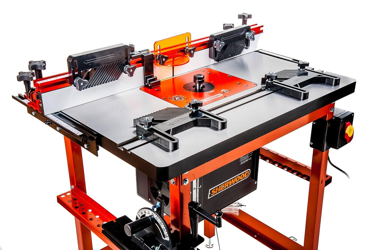 Sherwood Industrial Router Table Cast Iron Top with Motorised DRO Lift, shown in angled view