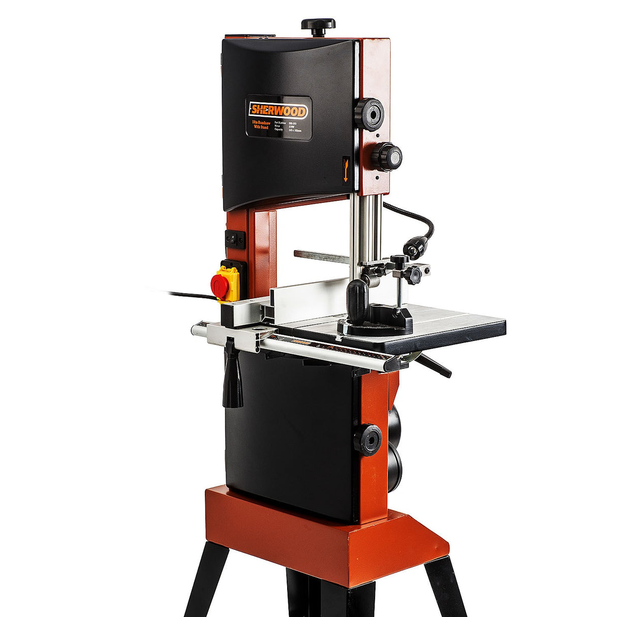 Sherwood 10in 250W Standard Bandsaw cutting a piece of wood at an angle