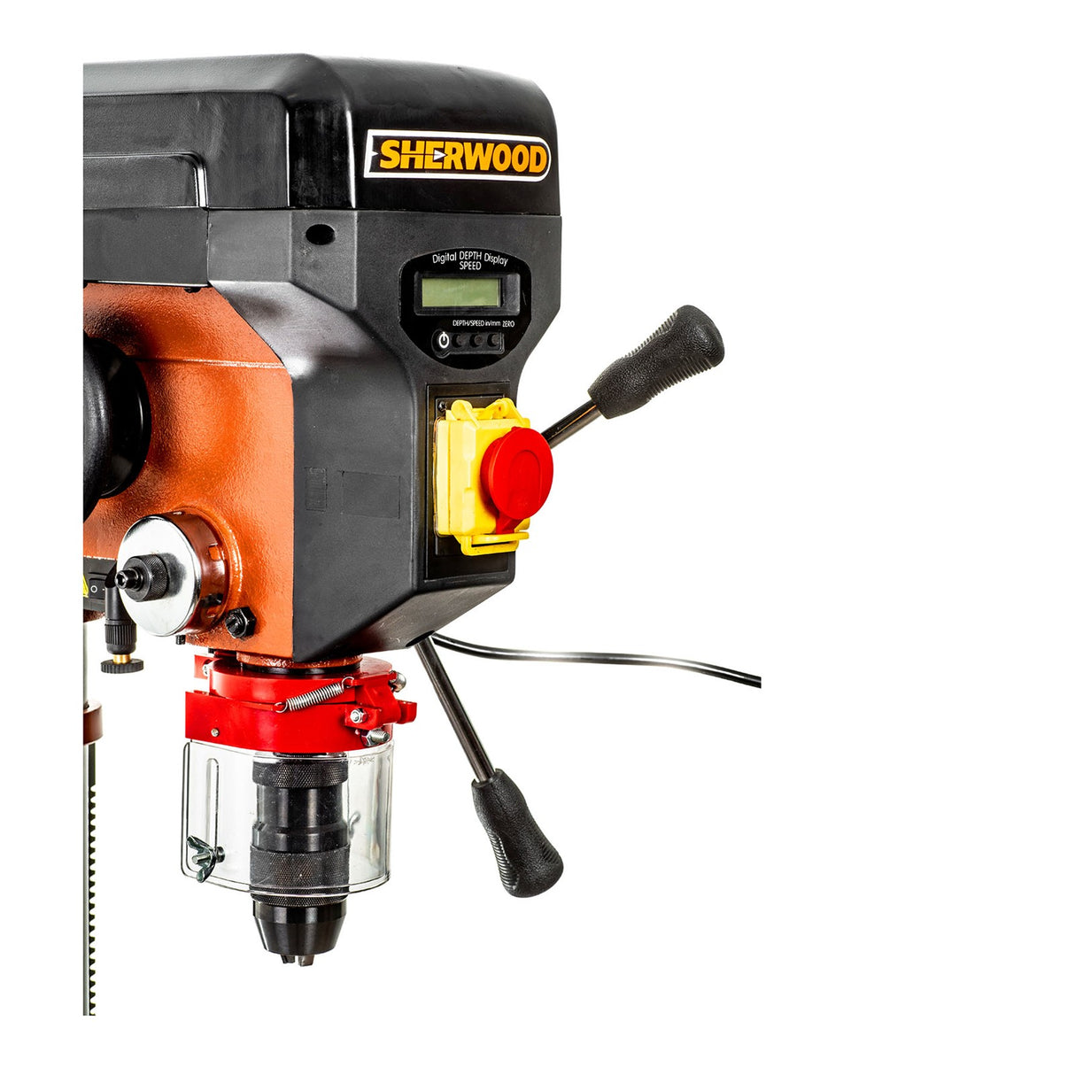 Sherwood Variable Speed Pedestal Drill Press showing keyless chuck feature in Australian workshop setting