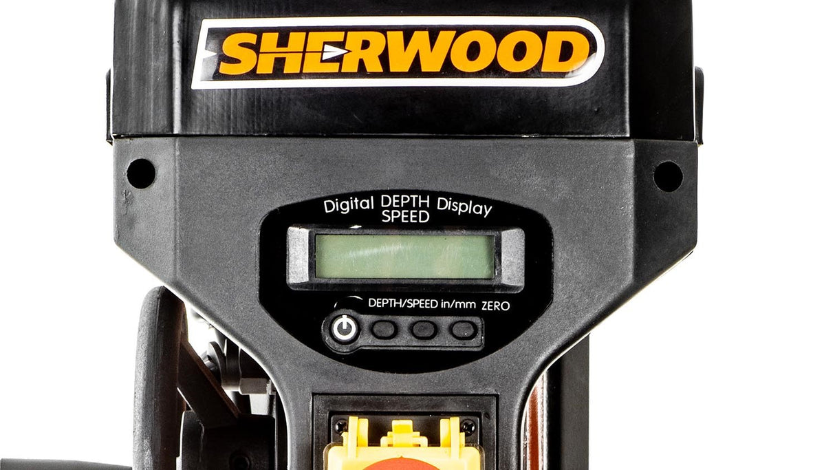 Sherwood Variable Speed Pedestal Drill Press 750W close-up of keyless chuck and speed control panel