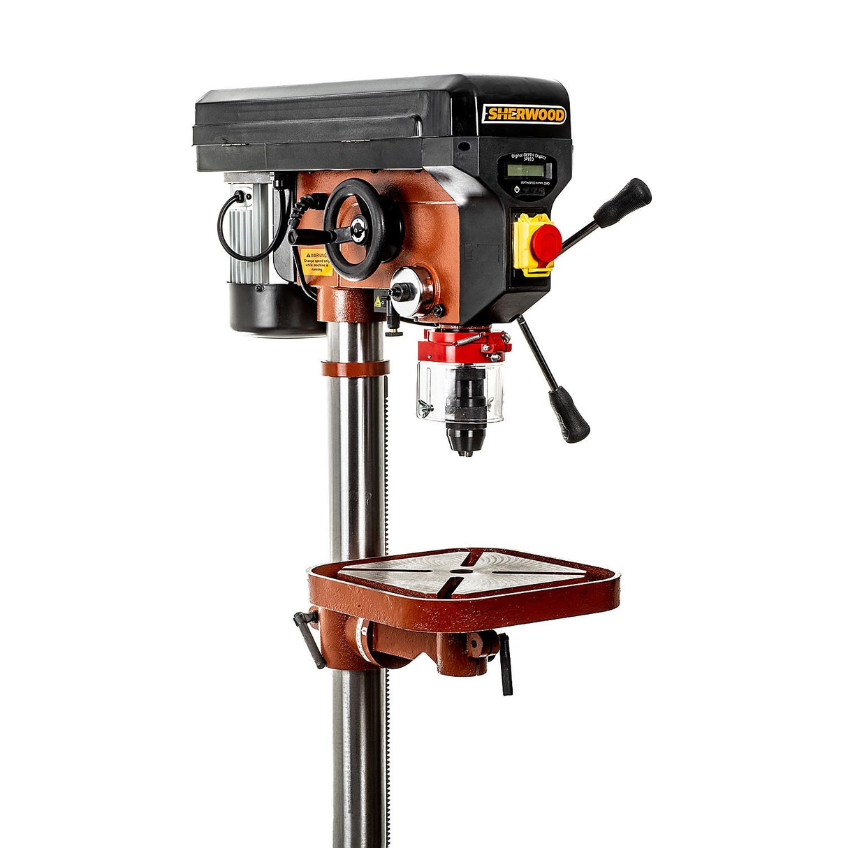 Sherwood 750W Variable Speed Pedestal Drill Press with Keyless Chuck in Australian workshop setting