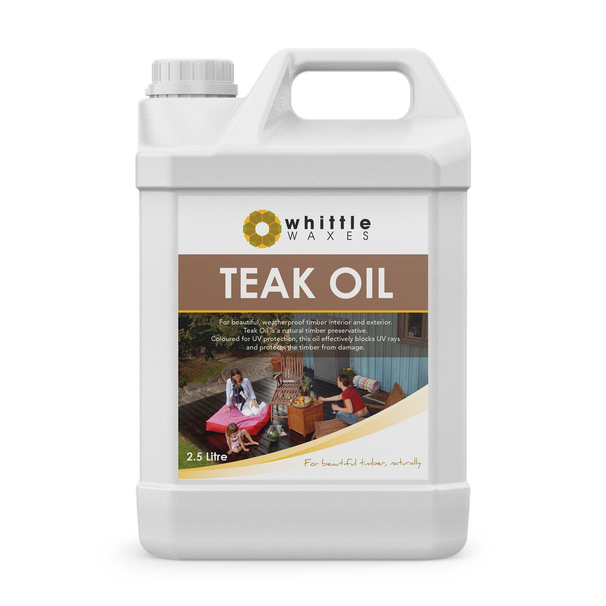 Whittle Waxes Teak Oil UV-resistant finish in 2.5 litre bottle for timber protection