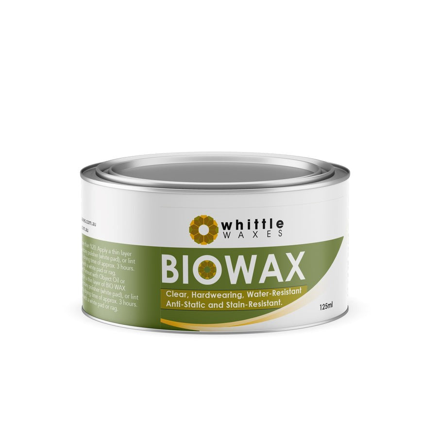 Whittle Waxes Bio Wax Water Resistant Clear Finish 125ml tin - natural wood floor treatment option
