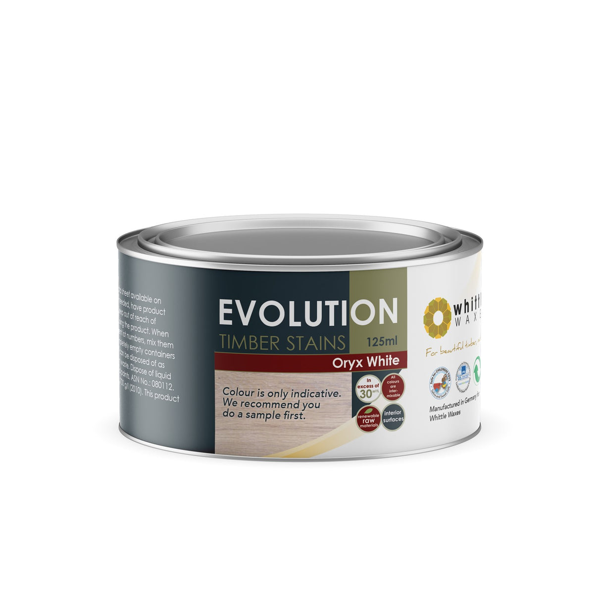 Whittle Waxes Evolution Colour Stain White Oryx 125ml bottle on white background
