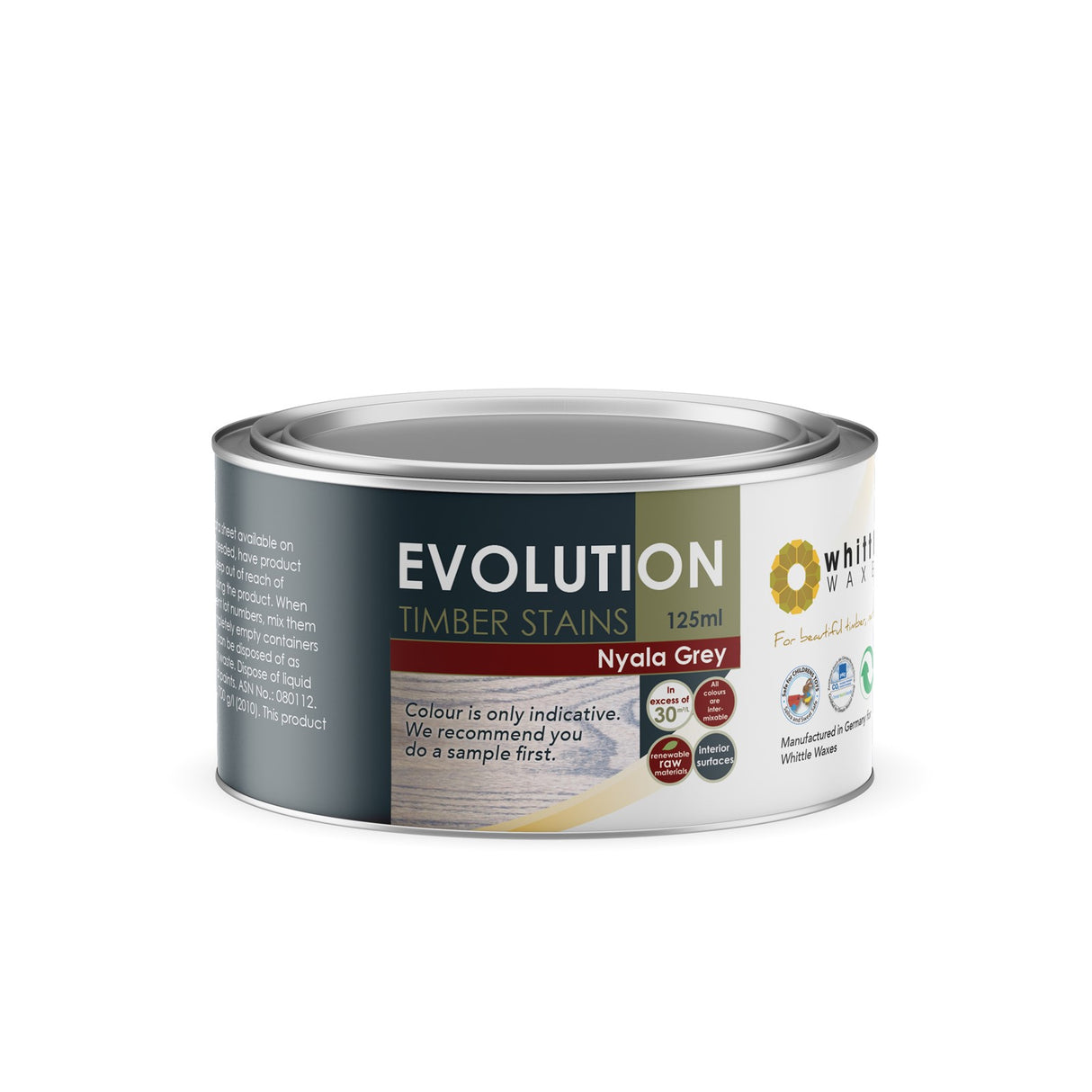 Whittle Waxes Evolution Colour Stain Nyala Grey 125ml bottle on a white background