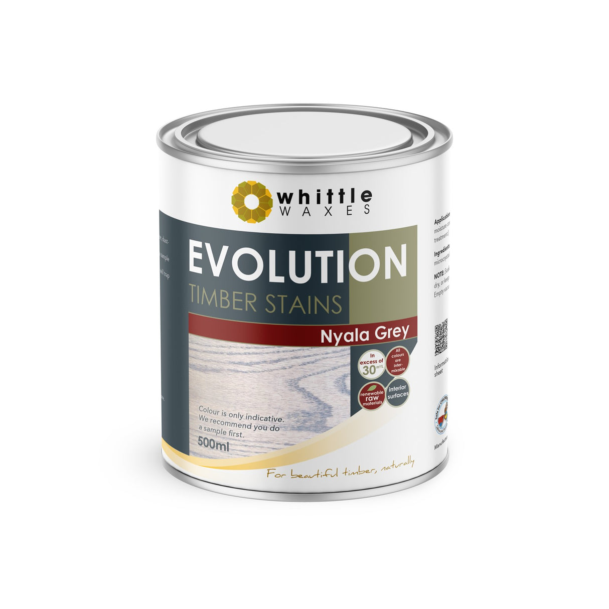 Whittle Waxes Evolution Colour Stain Nyala Grey 500ml bottle showcasing natural pigment tones on wood