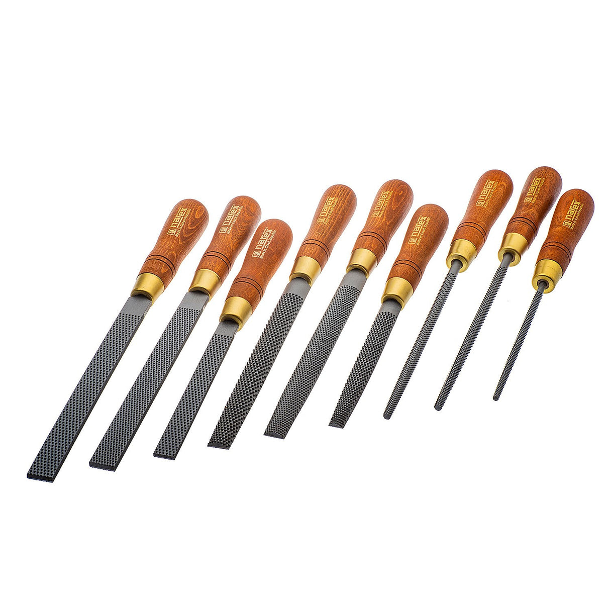 Narex Set of 9 wood rasps with wood handles, a variety of rasp shapes on a white background