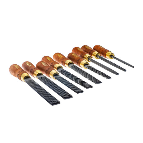 Set of 9 Narex wood rasps with wood handles, including flat, half round, and full round rasps
