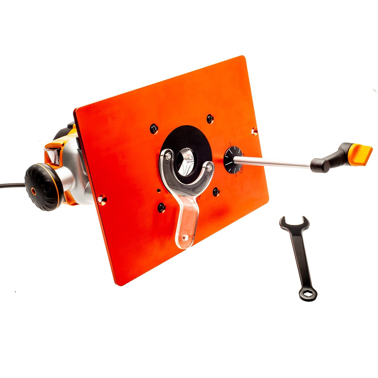 Sherwood Router Mounting Plate pre-drilled for Triton TRA-001 on woodworking table