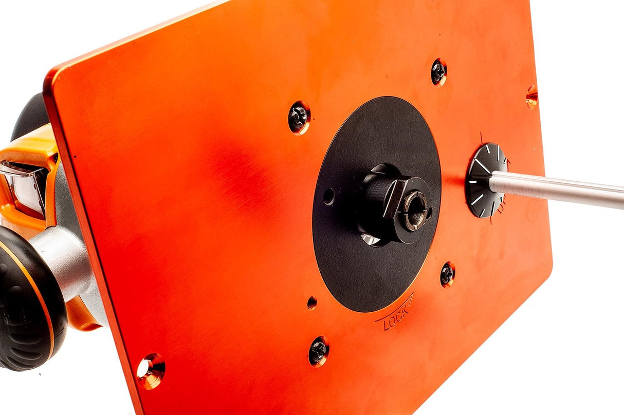 Sherwood Router Mounting Plate pre-drilled for Triton TRA-001 on woodworking table