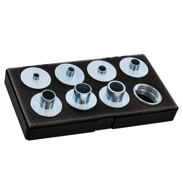 Milescraft Imperial Metal Bushing Set for Plunge Routers, seven carbon steel one-piece bushings and accessories