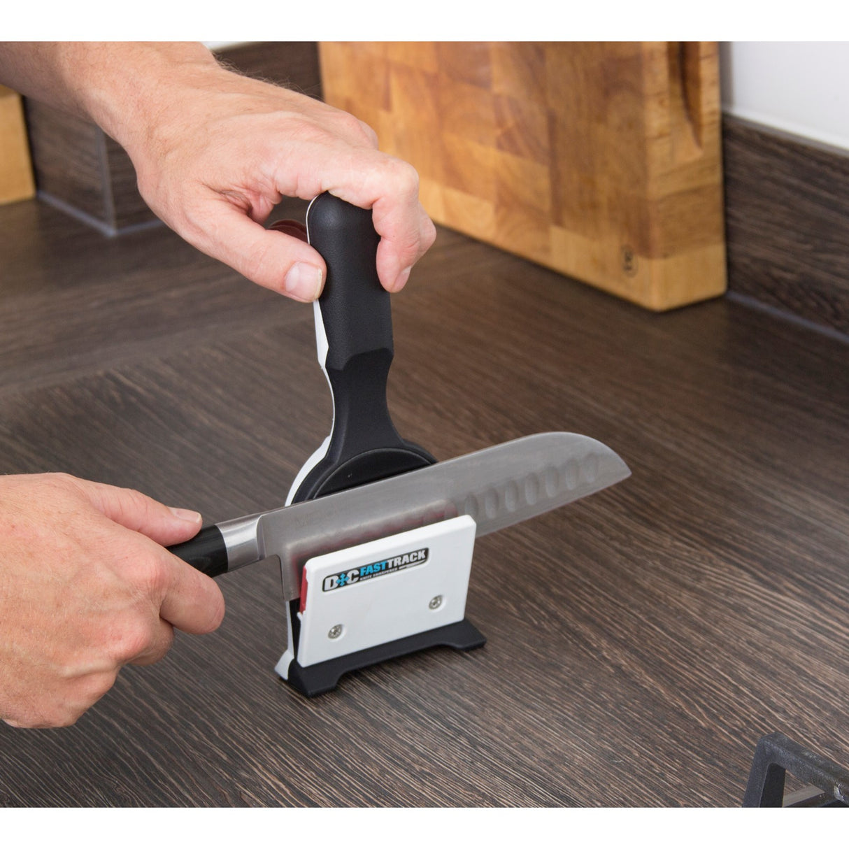 MPOWER FASTTRACK Knife Sharpener Jig 220 Grit Diamond Plate in use on kitchen knife