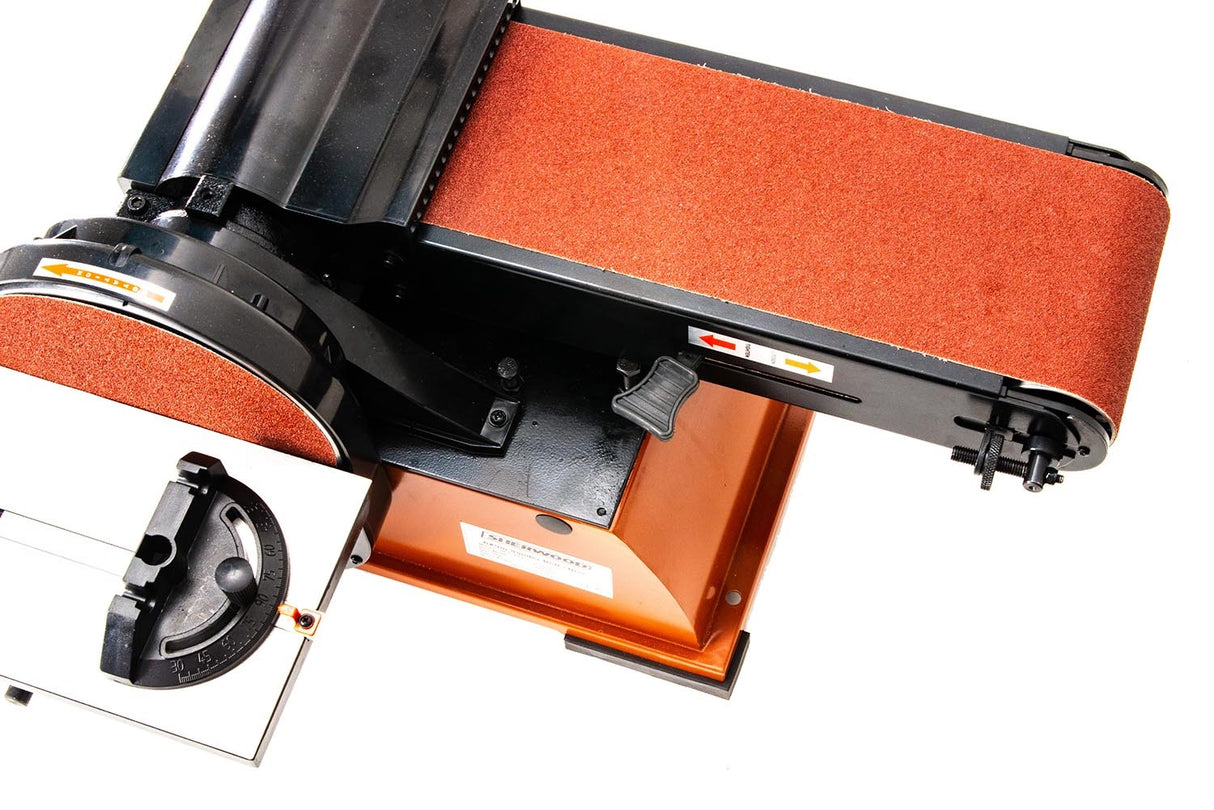 Compact Sherwood 6 x 9in Belt and Disc Sander showing vertical and horizontal belt rotation capabilities