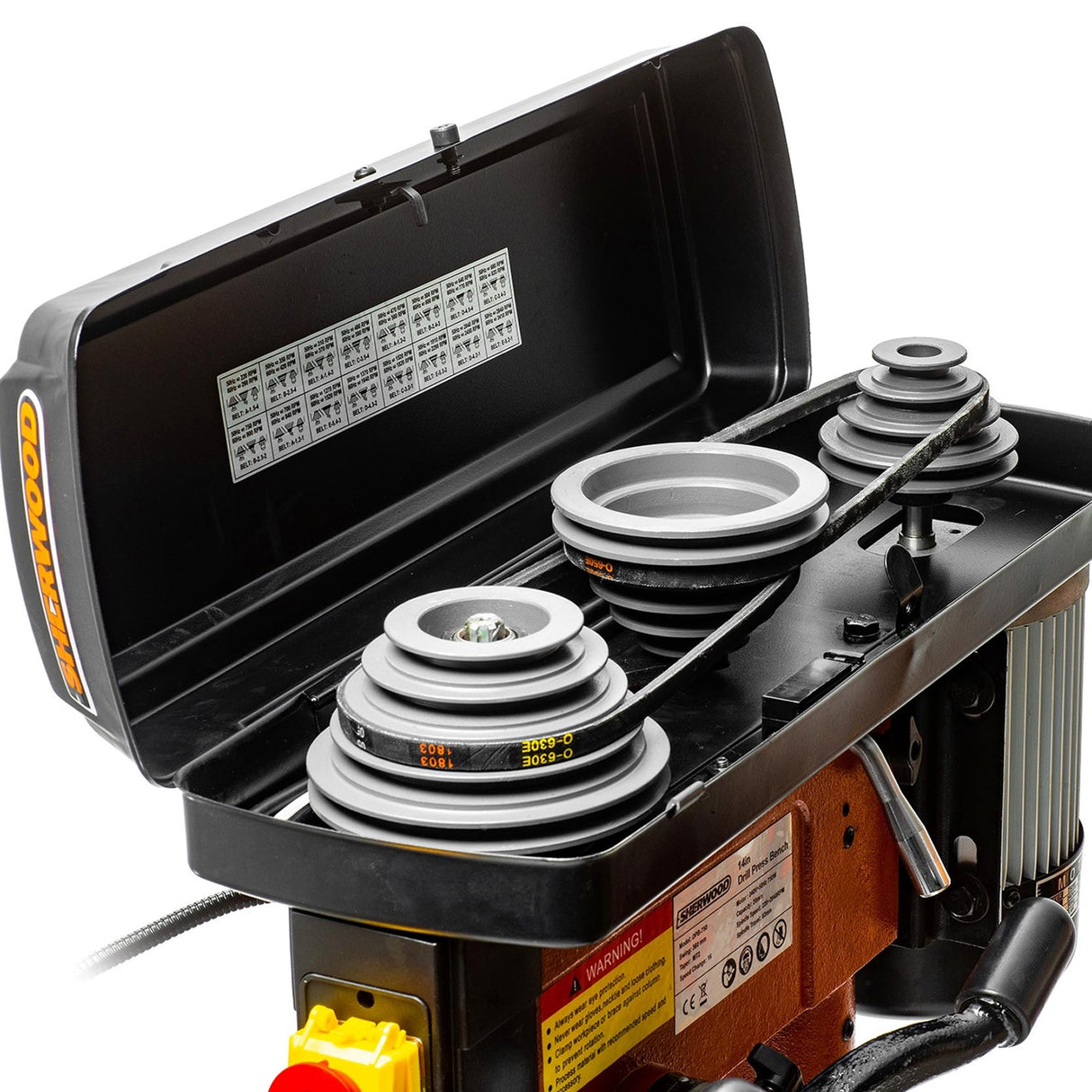 Sherwood Benchtop Drill Press 750W Portable, side view showing adjustable depth gauge and safety switch
