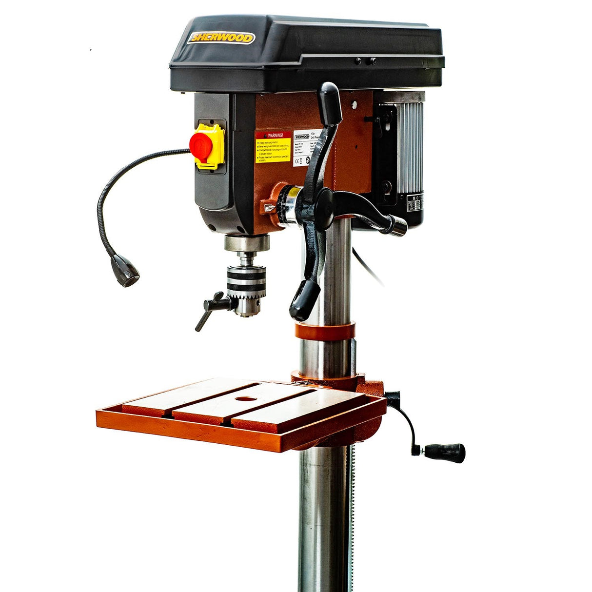 Sherwood Pedestal Drill Press 1125W, powerful floor-standing woodworking tool in action