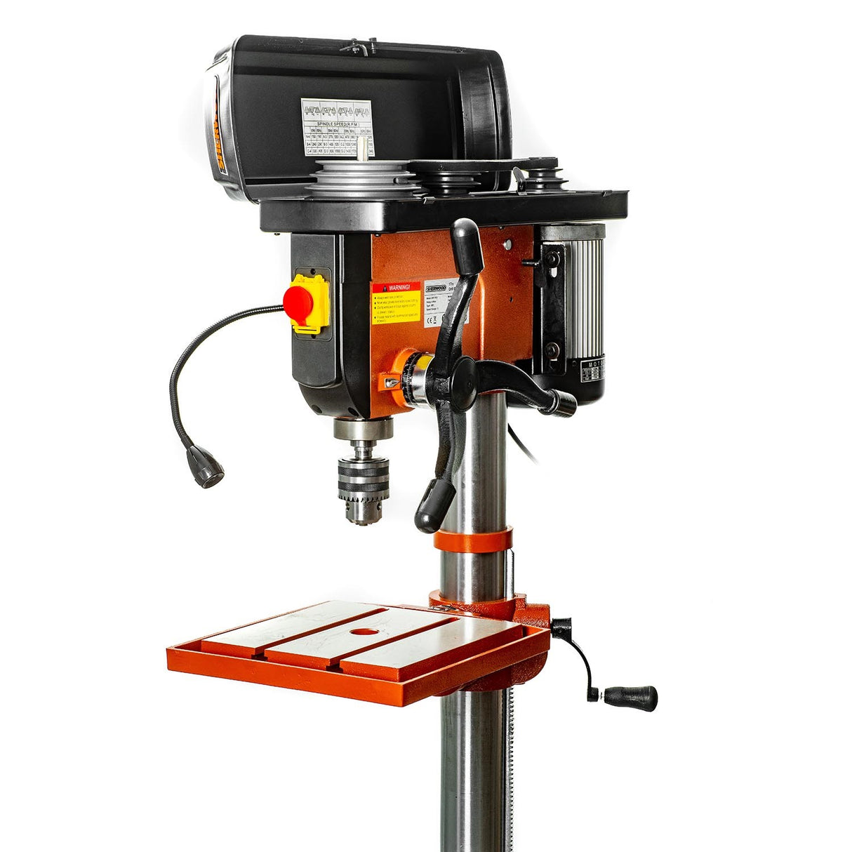 Sherwood 1125W Pedestal Drill Press in action, drilling into wood plank